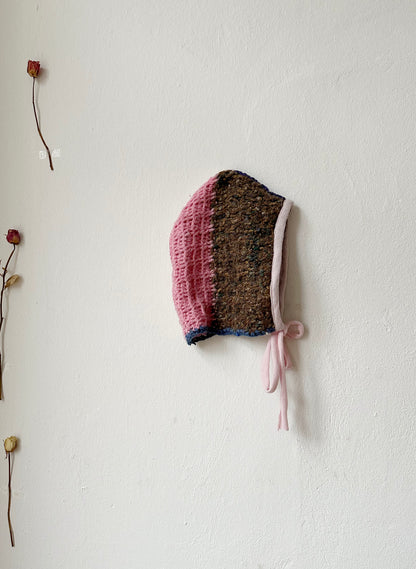 Billie Blanket Cap in pink and brown, vintage crocheted hood with tie front, ideal for cool weather.