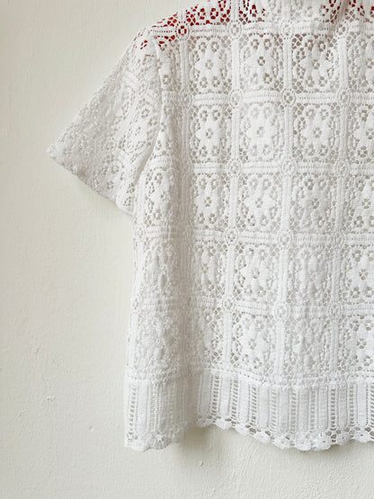 Back detail view of short sleeve lace white blouse. 